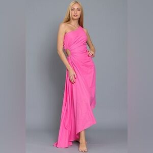 Aakaa Women's Small Bubblegum Pink One Shoulder Asymmetric Gown Linen Cut Out